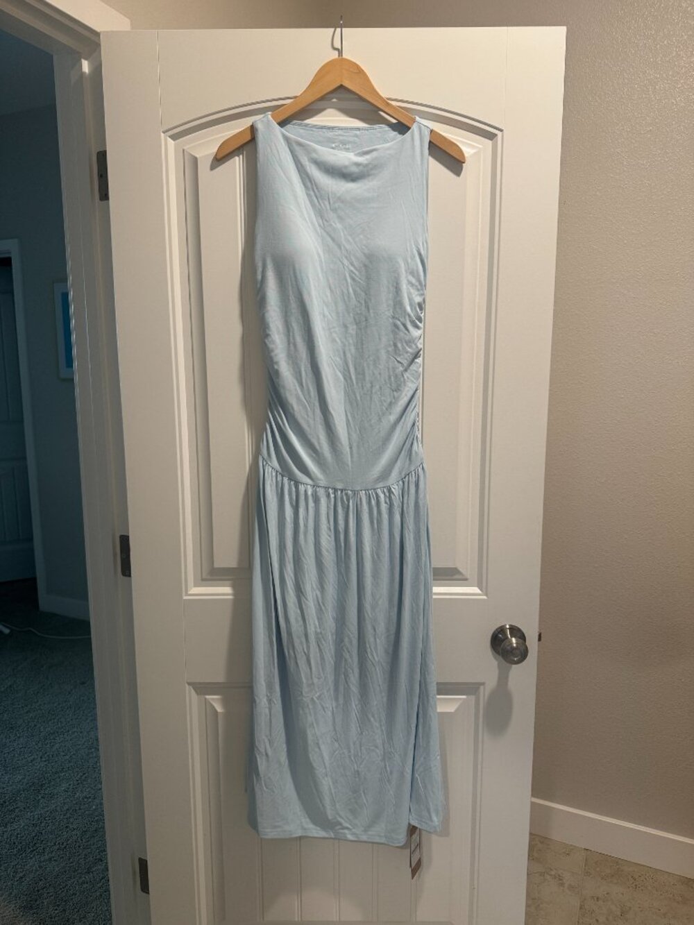 NWT OGL SkinKiss Cooling Boatneck Ruched Midi Bra Dress - Sky Blue - Medium